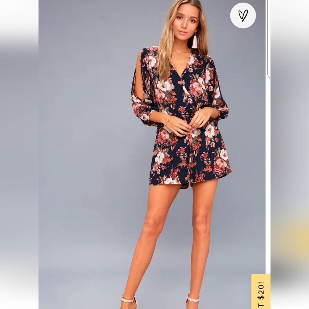 Lulus Navy Floral Long Sleeve Romper (S)